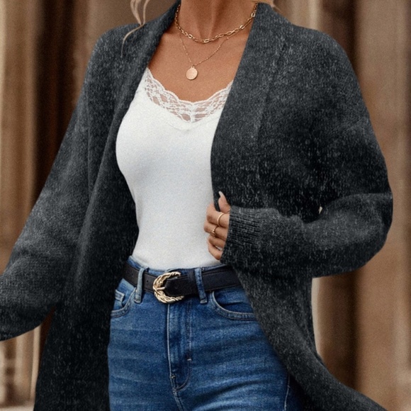 Charcoal Grey Duster Shawl Cardigan Knit Long Open Long Sleeve - Picture 7 of 9